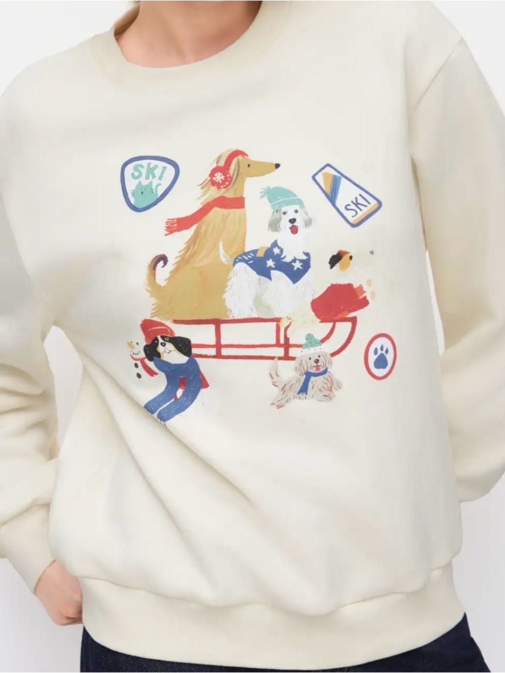 Cider Oversized Crewneck Sweatshirt Women’s XS Dogs Winter Ski NWT Beige Sled